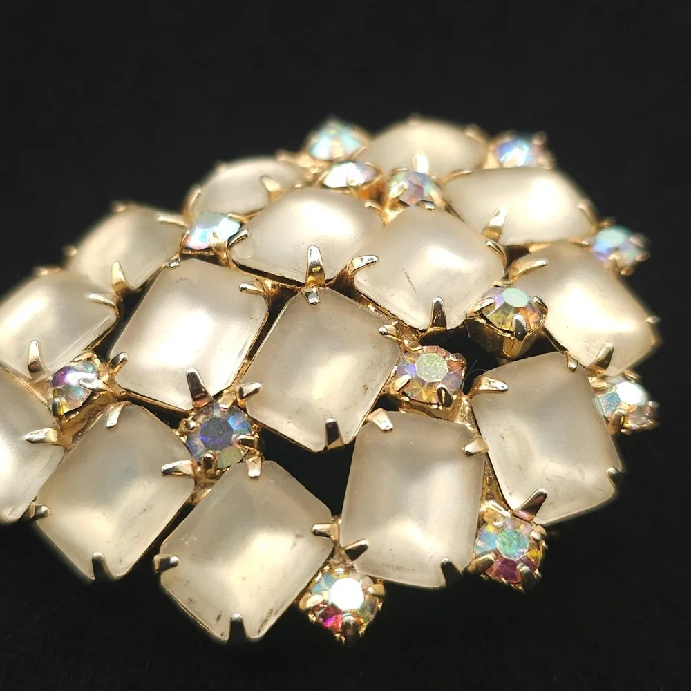 Vtg Frosted Glass Aurora Borealis Rhinestone Brooch Statement Gold Tone Wedding
